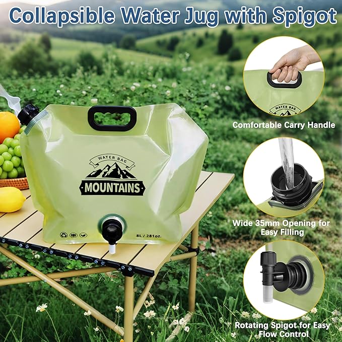 Camping Water Jug 2.1 Gallon CollapsibleWater Container Portable Water Bag for TravelOutdoor Hiking BPA Free Lightweight (Green (2.1 Gal), 1)-NeatNest