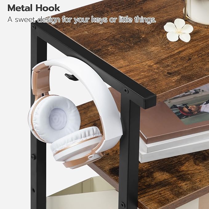 HOOBRO Industrial Printer Stand with Charging Station, 3-Tier Printer Table, Rolling Printer Cart with Adjustable Shelf and Hook, Rustic Brown and Black BF28UPS01-NeatNest