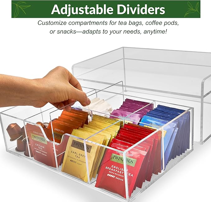 Acrylic Tea Station Organizer for Countertop - Tea Bag Organizer Drawer, Clear Lucite K Cup and Coffee Pod Storage box with 8 Compartments, Tea Caddy Creamer Holder Display Stand-NeatNest