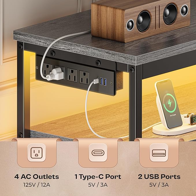 Huuger LED TV Stand for Bedroom, 55 Inch Fabric Dresser with Power Outlets, Entertainment Center for 60, 55, 50 Inch TV, 6 Drawer Dresser for Bedroom, Chest of Drawers with Shlef, PU Leather, Grey-NeatNest