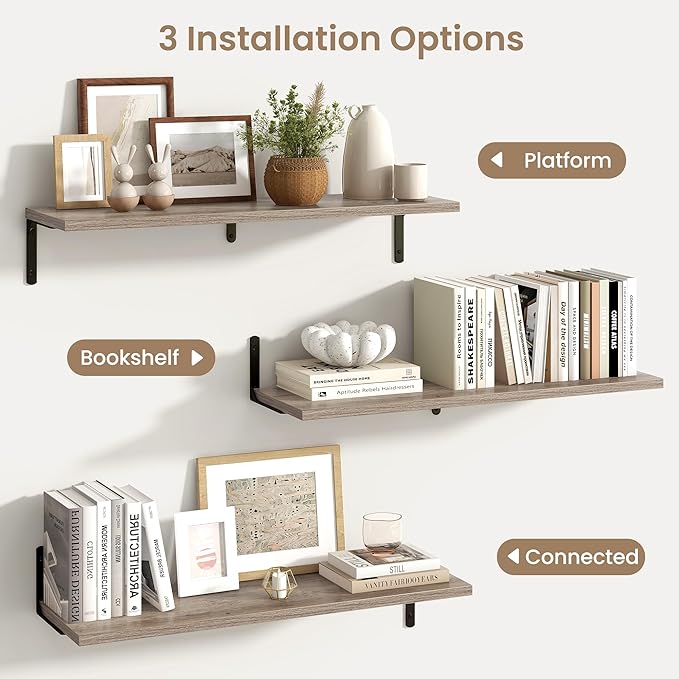 Fun Memories Deep Floating Shelves, 32W x 8D Floating Shelves Set of 2, Wall Mounted Shelf with Metal Brackets, Rustic Wood Wall Shelf for Bathroom, Kitchen and Living Room, Grey-NeatNest