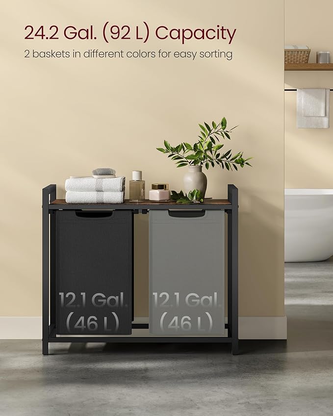 VASAGLE Laundry Hamper, Laundry Basket, Laundry Sorter with 2 Pull-Out and Removable Bags, Shelf, Metal Frame, 2 x 12.1 Gallons (46 L), 28.8 x 13 x 28.4 Inches, Bicolor and Rustic Brown UBLH201X01-NeatNest