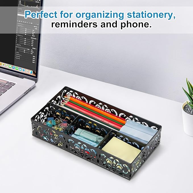 EasyPAG Desk Drawer Organizer with 4 Compartments, Carved Hollow Floral Metal Tray for Office, Jewelry, Cosmetics - No Assembly, Black-NeatNest