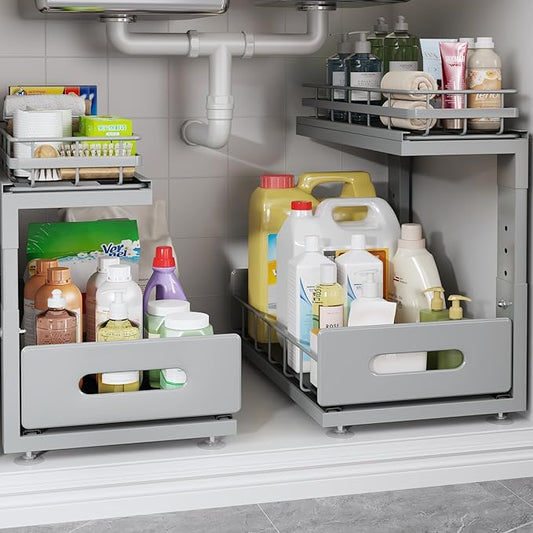 2 Pack Under Sink Organizer Upgrade to Professional Rails,2-Tier Dual Pull Out Cabinet Storage,Height Adjustable Slide Out Drawers for Bathroom Kitchen,Under Sink Shelf-Gun Gray-NeatNest