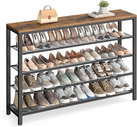 VASAGLE 5 Tier Shoe Rack for Closet, Entryway, 20-25 Pairs of Shoes, Large Shoe Organizer with 4 Metal Mesh Shelves, 11.8 x 47.2 x 36.4 Inches, Rustic Brown and Black ULBS205B01-NeatNest