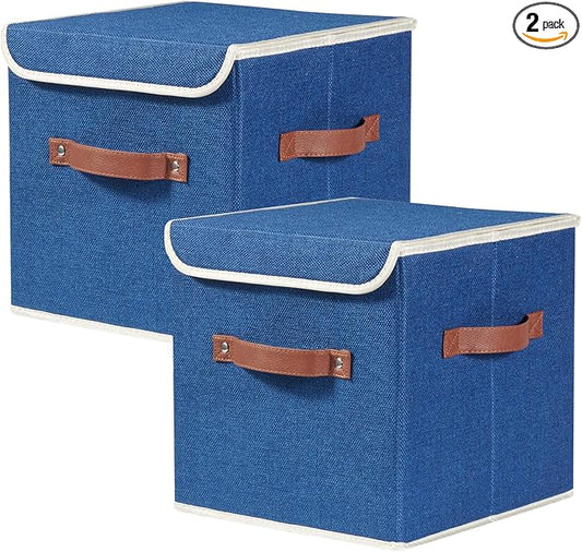 2PCS Storage Cubes with Lid Fabric Bins Boxes PU Leather Handles Cotton Linen Closet Organizer Container Decorative Foldable Washable Shelf Cloth Basket (Flip-top Lid, Deep Blue, 11in)-NeatNest