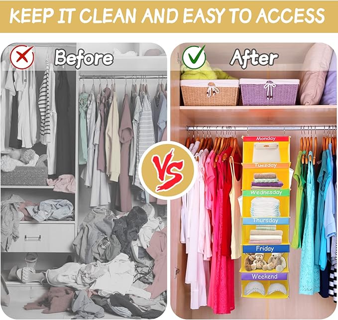 6-Shelf Weekly Closet Hanging Organizer for Kids, 7-Grid Days of The Week Baby Kids Clothing Organize Monday Through Sunday, Foldable Oxford Cloth Closet Clothes Organize Weekday (Yellow)-NeatNest