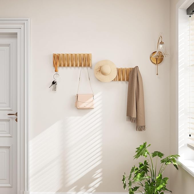 Coat Hooks, Wall Mounted Rack with 9 Retractable Hangers, Solid Wood Slim Holder for Entryway, 17in Natural Finish-1-NeatNest