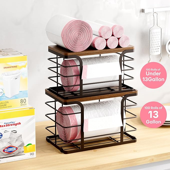 2 Pack Storage Stackable Kitchen Laundry Pantry Organizers,Wall Mount Trash Bag Holder Dispenser with Bamboo Top Countertop Organizer,Brown-NeatNest
