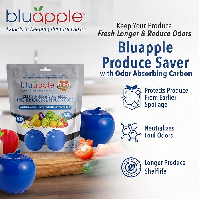 Bluapple Produce Saver with Activated Carbon - Ethylene Gas Absorber, Keep Fruits & Vegetables Fresh Longer, Minimize Food Waste, Refrigerator Odor Absorber, Produce Storage Extends Shelf Life, 2 Pack-NeatNest