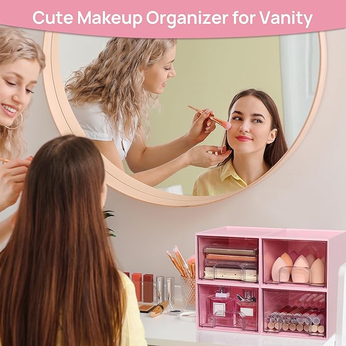 Vtopmart 4Pack Stackable Storage Drawers, 4.4'' Tall Bathroom Makeup Organizer,Plastic Storage Bins For Vanity, Undersink, Kitchen Cabinet, Pantry, Home Organization(Pink)-NeatNest