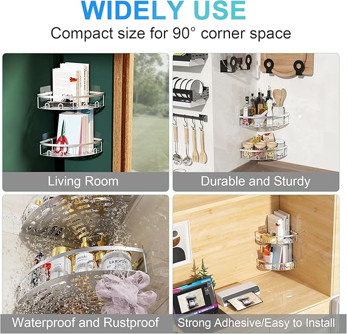 Corner Shower Caddy, 2 Pack Adhesive Bathroom Shower Corner Organizer Shelf, No Drilling Rustproof Wall Mounted Shower Storage Rack Shampoo Holder Organizer (Silver)
