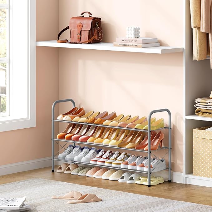 Hoctieon 3 Tier Mesh Style Shoe Rack, Entryway Shoe Shelf, Shoe Storage Organizer, Shoe Rack for Closet, Space Save for Bathroom, Garage, Hallway, Bedroom, Living Room, Grey-NeatNest