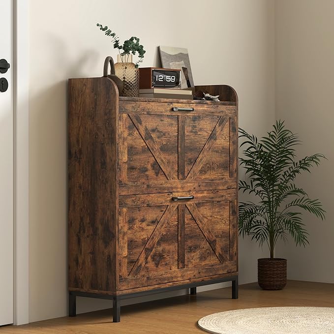 HOMCOM Shoe Storage Cabinet with 2 Flip Drawers, Legs, Farmhouse Freestanding Narrow Shoe Cabinet, Slim Hidden Rack Organizer for Entryway, Hallway, Rustic Brown Wood Grain-NeatNest