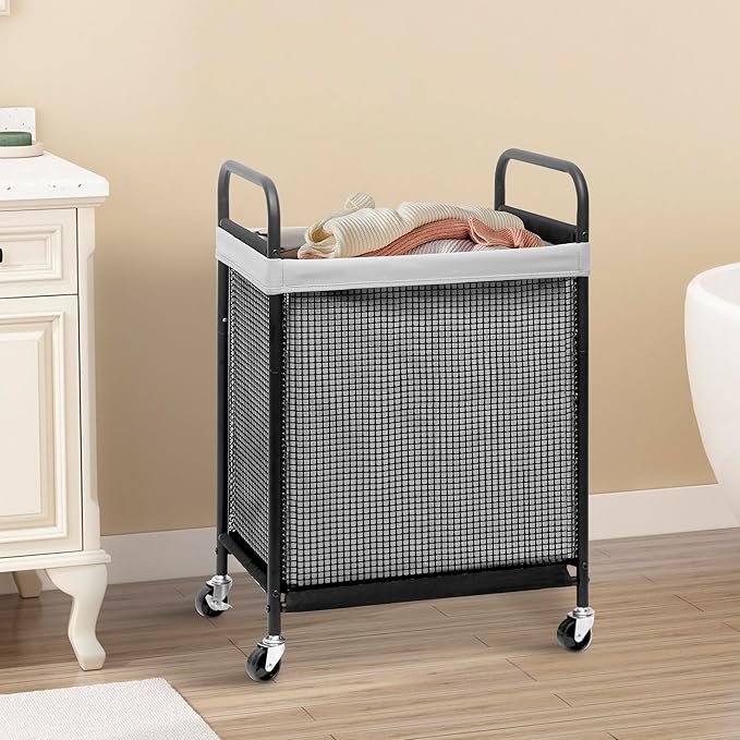 STORAGE MANIAC Rolling Laundry Hamper with Wheels 1-Section Laundry Sorter Rolling Laundrys Basket on Wheels with Removable Bag Clothes Hamper Laundrys Organizer Cart Bathroom Bedroom 90L Grey