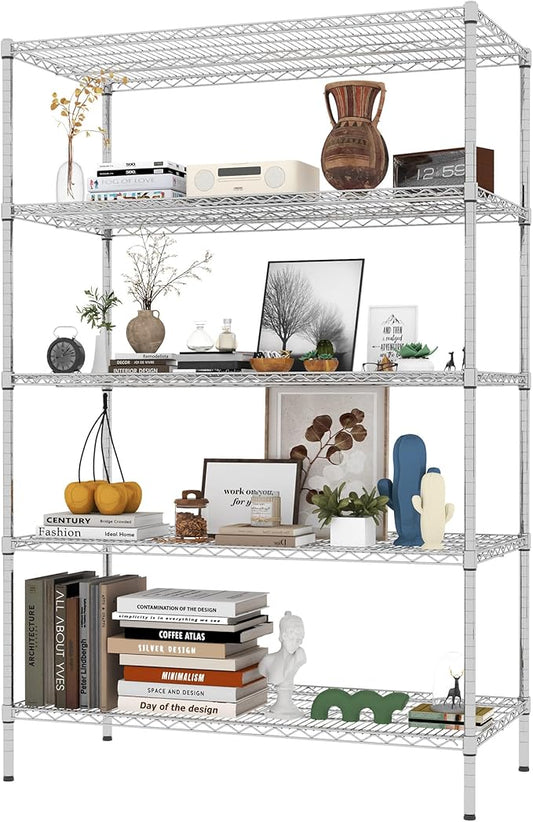 5-Tier Metal Storage Shelving Unit, Adjustable Storage Rack Display Shelves, Industrial Steel Wire Shelf on Wheels, Commercial and Home Use, 48”W x 24”D x 72”H, 1500 LBS Capacity-NeatNest