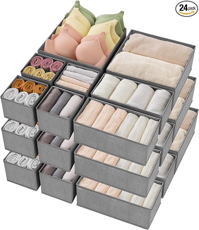 Criusia Drawer Organizer Clothes, 24 Pack Underwear Drawer Organizers, Foldable Closet Organizers and Storage Dresser Drawer Dividers Clothing Organizer for Clothes, Socks, Scarves, Bra, Ties (Grey)-NeatNest