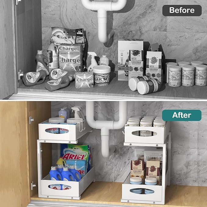 Under Sink Organizer, 2 Tier Metal Pull Out Under Sink Storage with Sliding Mesh Drawers, Height Adjustable Slide Out Under Sink Organizer Shelf for Kitchen Bathroom Cabinet, White-NeatNest