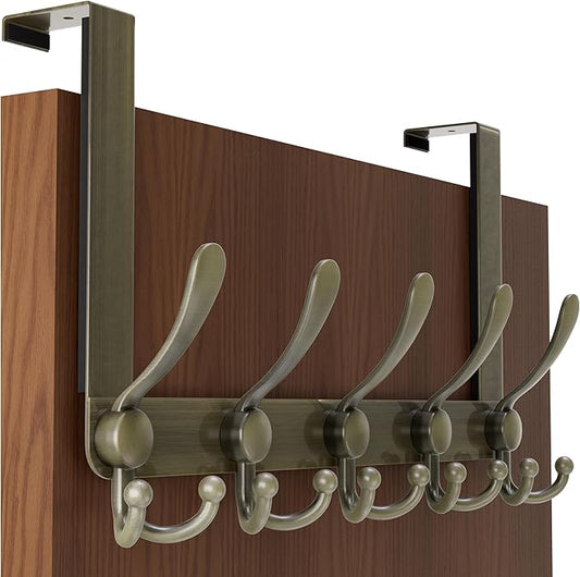 SKOLOO Over The Door Hook - for Doors up to 1-3/4'' Thickness, Metal Door Hanger with 5 Triple Hooks, Bronze Over The Door Hanger for Coats, Hats, Towels, Assembly Required
