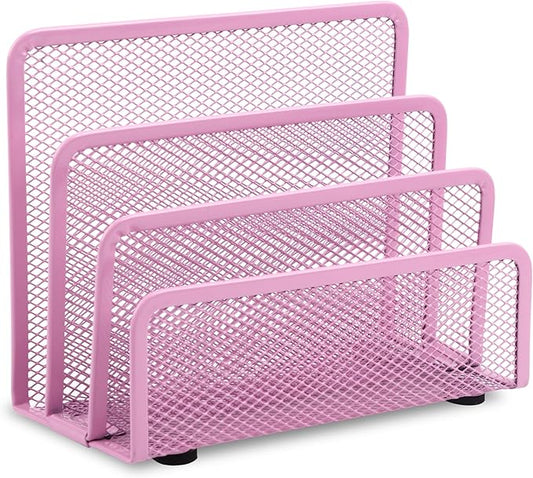 EASEPRES Desk Mail Organizer, Office Small Desktop Metal Mesh Envelope Letter Sorter Paper File Holder Organizer with 3 Vertical Upright Compartments, Pink 1 Pack