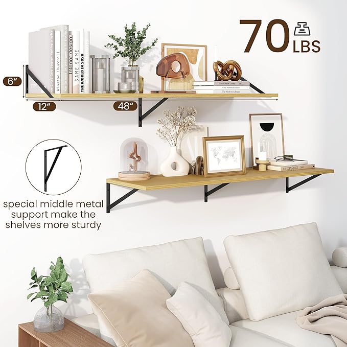 Fun Memories Floating Shelves for Wall, 12 Inch Deep Floating Shelves Set of 2, 48W x 12D Large Wall Shelf with Sturdy Metal Brackets for Living Room, Bathroom, Bedroom and Kitchen, Oak-NeatNest