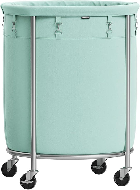 SONGMICS Laundry Basket with Wheels, Rolling Round Laundry Hamper Cart, 45 Gal. with Steel Frame and Removable Bag, 4 Casters and 2 Brakes, Mint Green and Metallic Silver URLS001C01