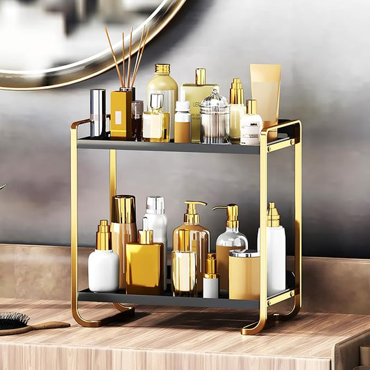 2-Tier Black and Gold Carbon Steel Bathroom Counter Organizer - Skincare Cosmetic Display Tray for Perfume, Makeup, Bathroom, and Vanity Storage - Modern Countertop Organizer and Vanity Decor