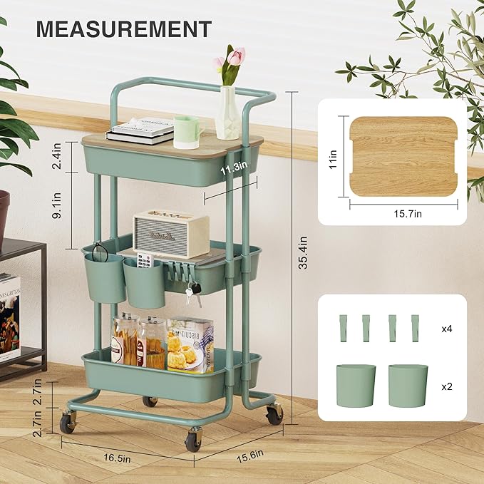 DTK 3 Tier Rolling Utility Cart with Cover Top Board, Movable Kitchen Storage Cart Trolley with Lockable Wheels, Cups, Hooks for Kitchen Bathroom Home Office Art Craft Storage(Turquoise/Green)-NeatNest