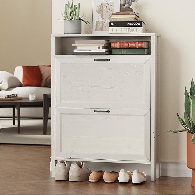 Shoe Storage Cabinet with 2 Flip Drawers, Wooden Shoe Rack with Metal Handle, Freestanding Hidden Shoe Storage Organizer with Open Shelf, Narrow Shoe Rack for Entryway, Hallway (White)