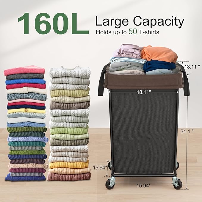 160L Laundry Hamper with Wheels, 2 Section Large Rolling Laundry Basket Bag with Wheels, Clothes Hamper Cart for Laundry, Bedroom, Bathroom and Dorm