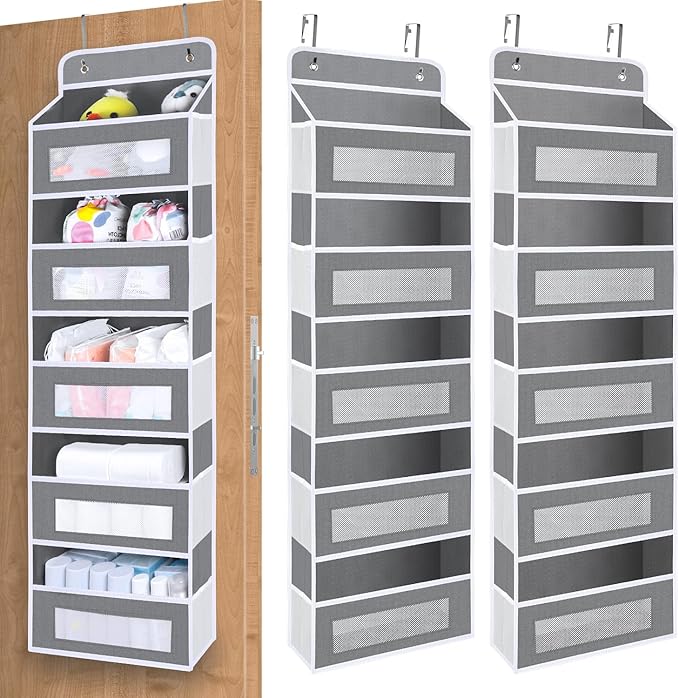 2 Pack Over The Door Organizer Storage, 5 Shelf Hanging Door Organizer with 10 Large Capacity Pockets, Anti Tilt 44 lb Load Behind Door Storage for Bedroom, Bathroom, Pantry, Nursery, (Grey)