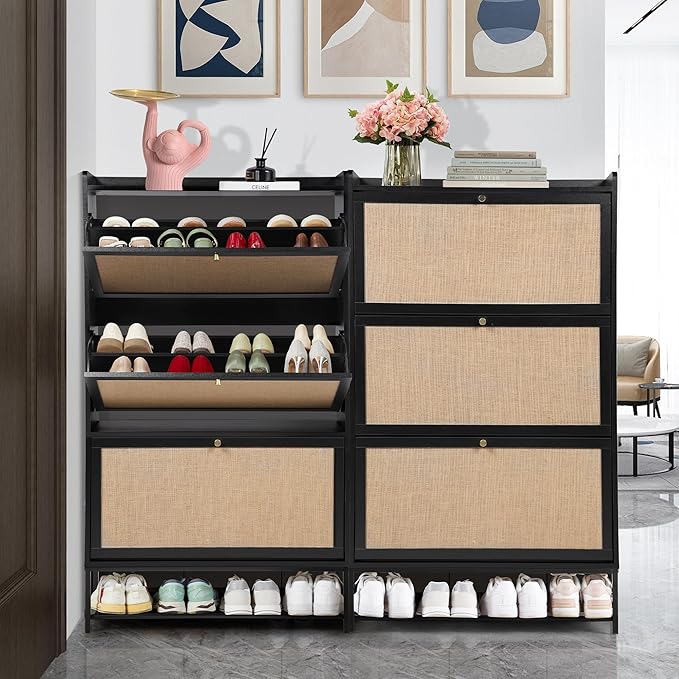 LEVNARY Shoe Storage Cabinet with 3 Flip Drawers, Freestanding Shoe Cabinet Storage Organizer for Entryway, Wooden Narrow Shoe Racks Cabinet with Metal Legs for Hallway (Black)-NeatNest
