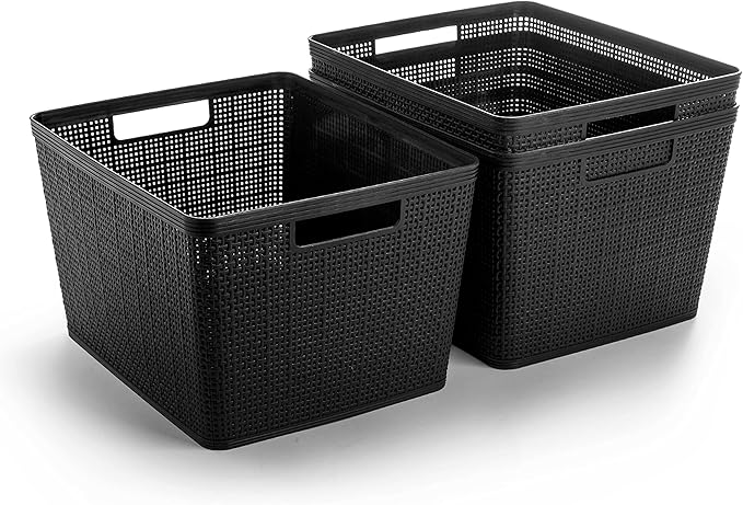 BINO | Woven Plastic Basket | Large (Black), 3-Pack | THE JUTE COLLECTION | Home Organization, Space - Saving Storage, Stylish Design | Jute Basket | Plastic Storage Basket-NeatNest