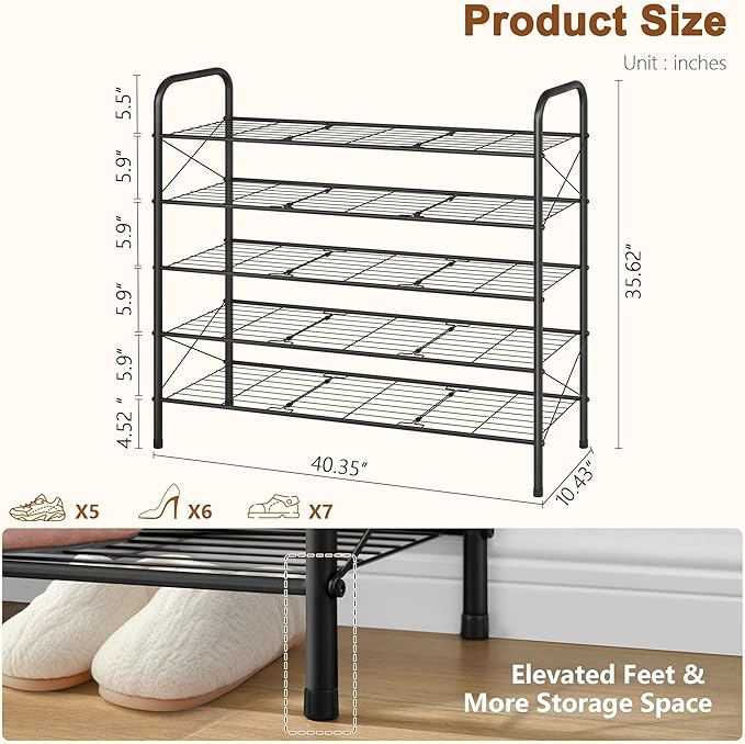 Hoctieon 5 Tier Mesh Style Shoe Rack, Entryway Shoe Shelf, Shoe Storage Organizer, Shoe Rack for Closet, Space Save for Bathroom, Garage, Hallway, Bedroom, Living Room, Black-NeatNest
