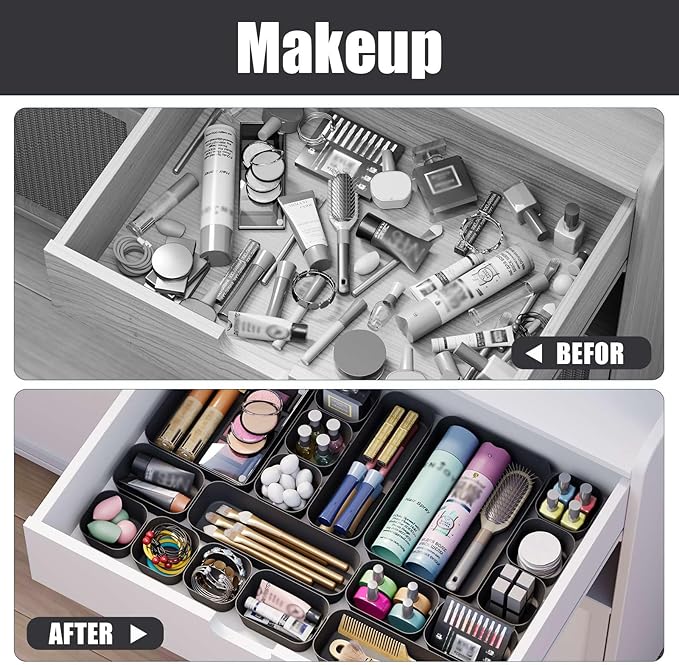 Plastic Drawer Organizers, 10 PCS Drawer Organizer Bins, Bathroom and Vanity Organizer Plastic Tray, Makeup organizer and storage for Makeup, Bedroom, Kitchen Gadgets Utensils and Office (Black)-NeatNest