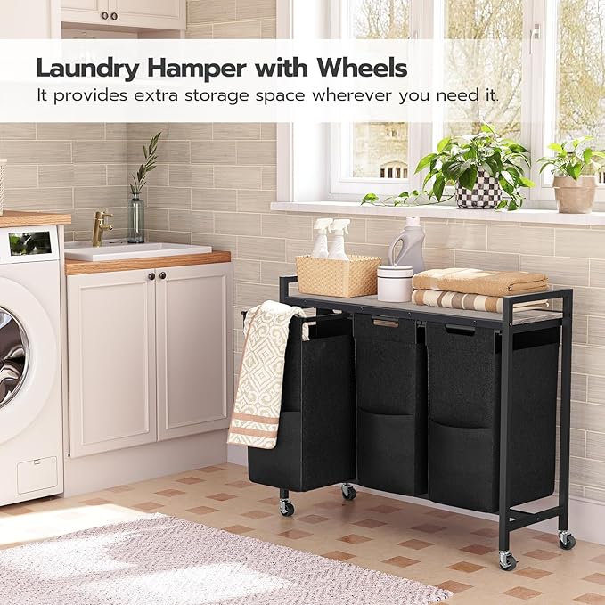 HOOBRO Laundry Sorter 3 Section, Laundry Hamper with Wheels, 3 × 11.5 Gal (43.4L), Rolling Laundry Basket, Pull-Out and Removable Oxford Fabric Bags, Greige and Black BG76XY01-NeatNest