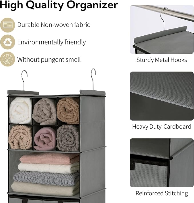 GRANNY SAYS Hanging Closet Organizer with Drawers, 4 Shelf Dividers Closet Hanging Organizer, Foldable Hanging Shelves for Wardrobe Closet, Small Closet Organizers for Clothes Shoes, Grey-NeatNest