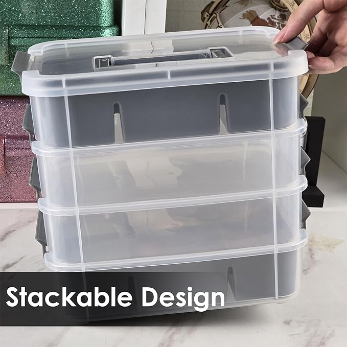 Grey&White Modern Plastic Storage Box - 4-Layer Durable Craft Storage Containers with 2 Removable Trays for Arts & Crafts Supplies, Sewing, Office, Seasonal Decor
