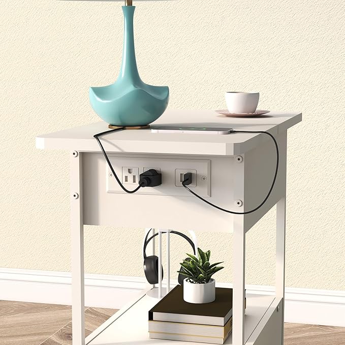 SOOWERY End Table with Charging Station, Narrow Side Table with Flip Top Cabinet and Fabric Drawer, Nightstand Bedside Tables for Small Spaces, Bedroom, Living Room, White