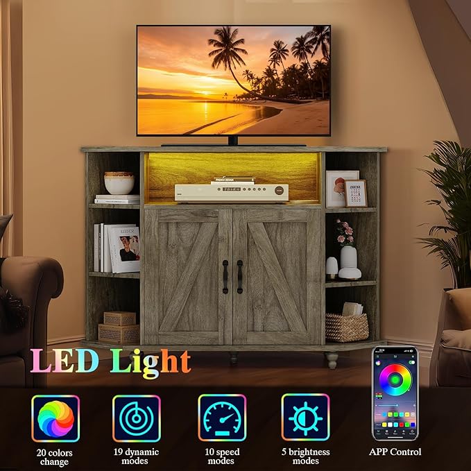 4 EVER WINNER Corner TV Stand for 50 Inch TV, Farmhouse Corner Entertainment Center with Led Light, Open Storage, Adjustable Shelves, TV Cabinets for Living Room, Bedroom, Grey-NeatNest