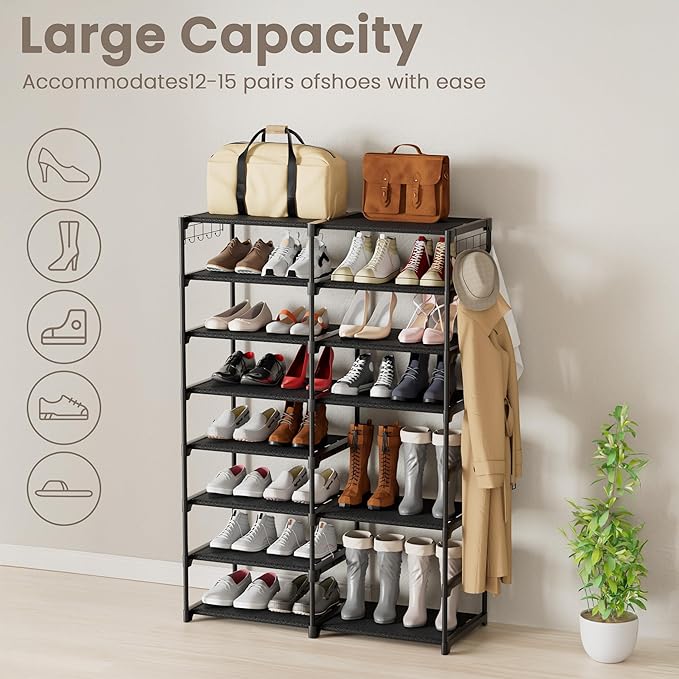 VIZUN 8 Tier Tall Shoe Rack Heavy Duty Sturdy Metal, 26-30 Pairs Boots Storage, Shoes Organizer with Pockets for Entryway Garage-NeatNest