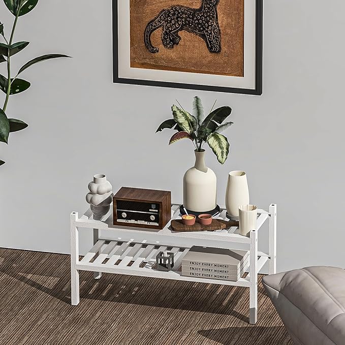 Shoe Rack 2-Tier Organizer-Stackable Storage Shelf with Multi-Function Combinations-Free Standing Bamboo Shoe Racks for Closet,Entryway,Hallway,Bathroom,Living Room Shoe Organization (White, 2-Tier)-NeatNest