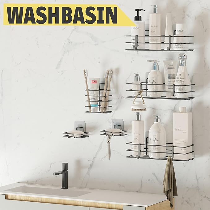 Dekula Adhesive Shower Caddy 6 Pack, Shower Shelves Organizer for Bathroom Storage, Rustproof Stainless Steel Bath Organizers, Kitchen, Adhesive or Screw, Soap Dish, Hooks, Wall Shelf