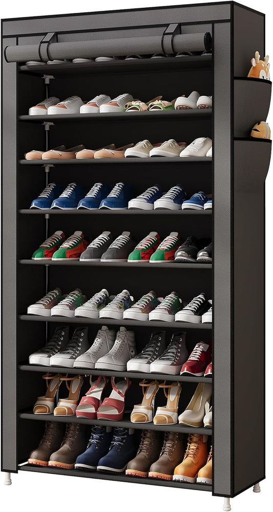 Laiensia 9-Tier Vertical Shoe Rack Organizer, Space Saving Shoe Storage Organizer, Non-Woven Cover Shoe Shelf Holds 36-45Pairs for Bedroom, Hallway, Closet Entryway, Grey-NeatNest