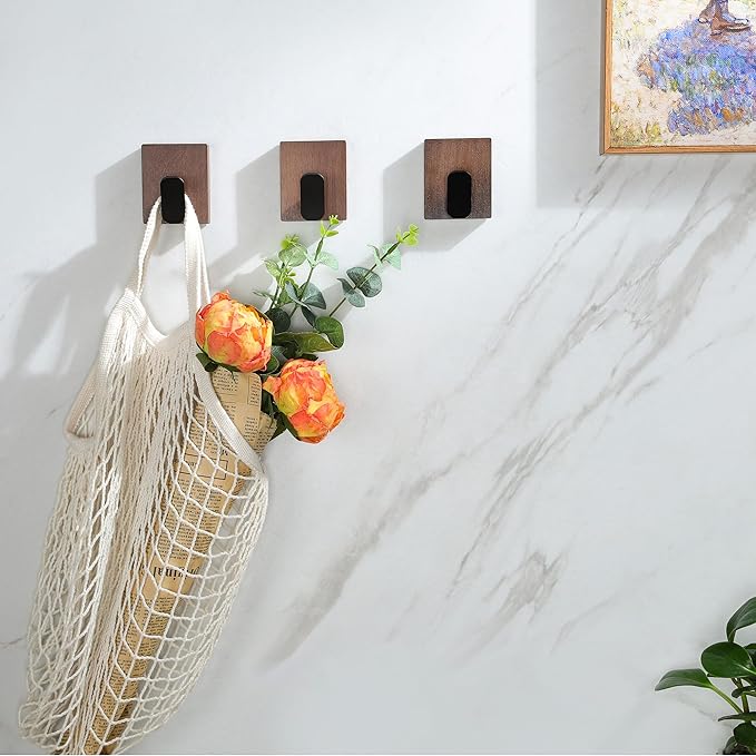 DELITON Adhesive Towel Hooks,Wall Hooks for bathrooms Without Drilling, Wood Wall Hooks for Hanging Robe, Towel, Bag Stick on Farmhouse Bathroom Bedroom Entryway 4 Packs Burned Brown-NeatNest