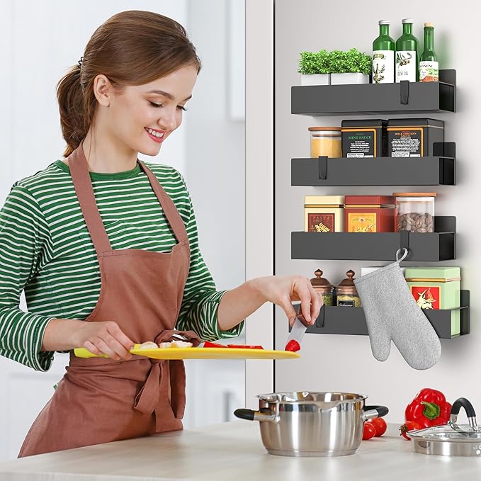 4-Piece Extra-Large Capacity Magnetic Spice Rack for Refrigerator, Matt Black