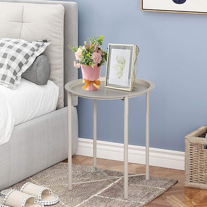 VECELO Side/End Table, Folding Round Metal Anti-Rust and Waterproof Outdoor or Indoor Tray for Living Room Bedroom Balcony and Office, 1 PCS, Grey
