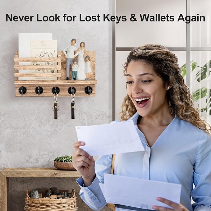 Key Holder for Wall – Decorative Wooden Mail Holder and Key Shelf with Mounting Hardware, Installation Guide – Paulownia Wood with 5 Metal Key Hooks (11.8” x 6.7” x 2.8”)