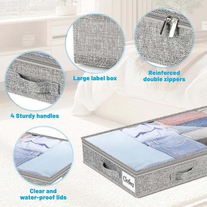 4 Inch Low Profile Under Bed Storage Drawer 4 Pack, Lightweight Underbed Clothes Storage Container Bins with NO STURCTURE, Shallow Storage Bag for Dorm & Home, With Clear Lids and Waterproof Fabric-NeatNest
