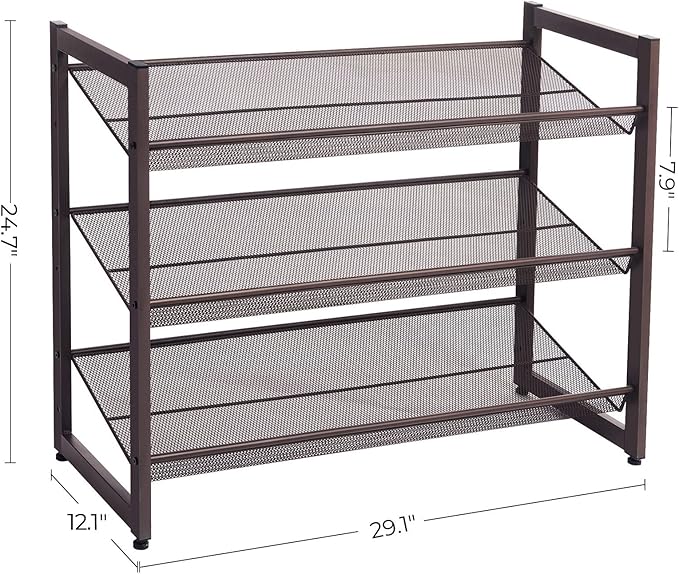SONGMICS Shoe Rack, 3-Tier Shoe Organizer, Metal Shoe Storage for Garage, Stackable Shoe Shelf, with Adjustable Flat or Angled Shelves, 9-12 Pairs, Bronze ULMR03A-NeatNest